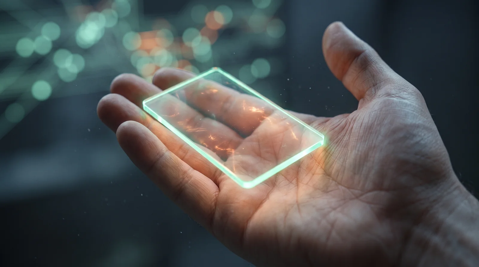 An open hand holding a glowing system module, handing it over