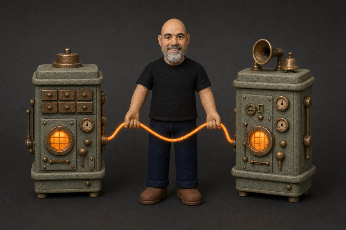 A clay Wilfred connecting two small machines with a glowing orange cable