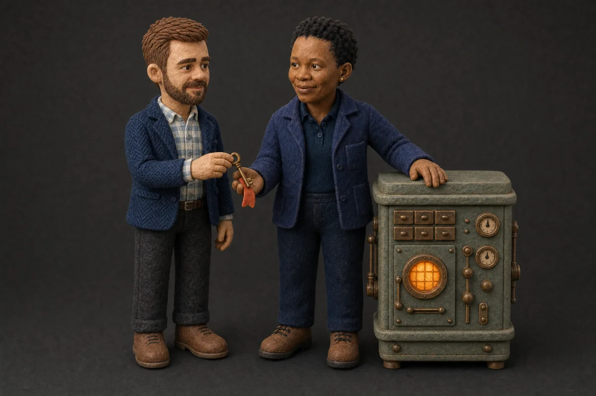A clay Marnus handing Nomsa a brass key, her hand resting on her own machine