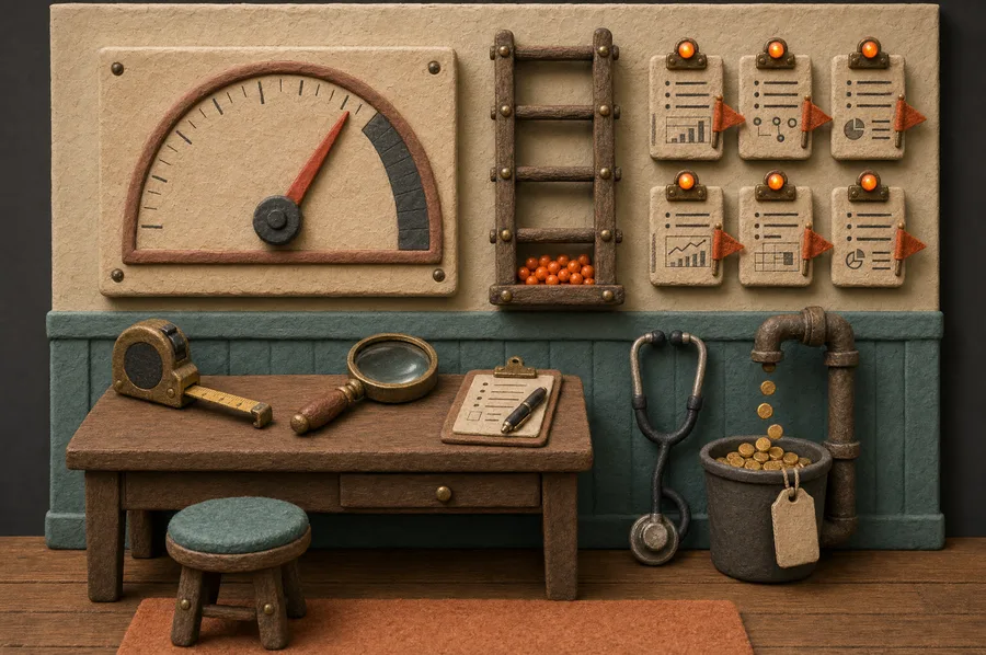 Clay diorama of the assessment corner: a wall gauge, flagged report boards and measuring tools on a small desk
