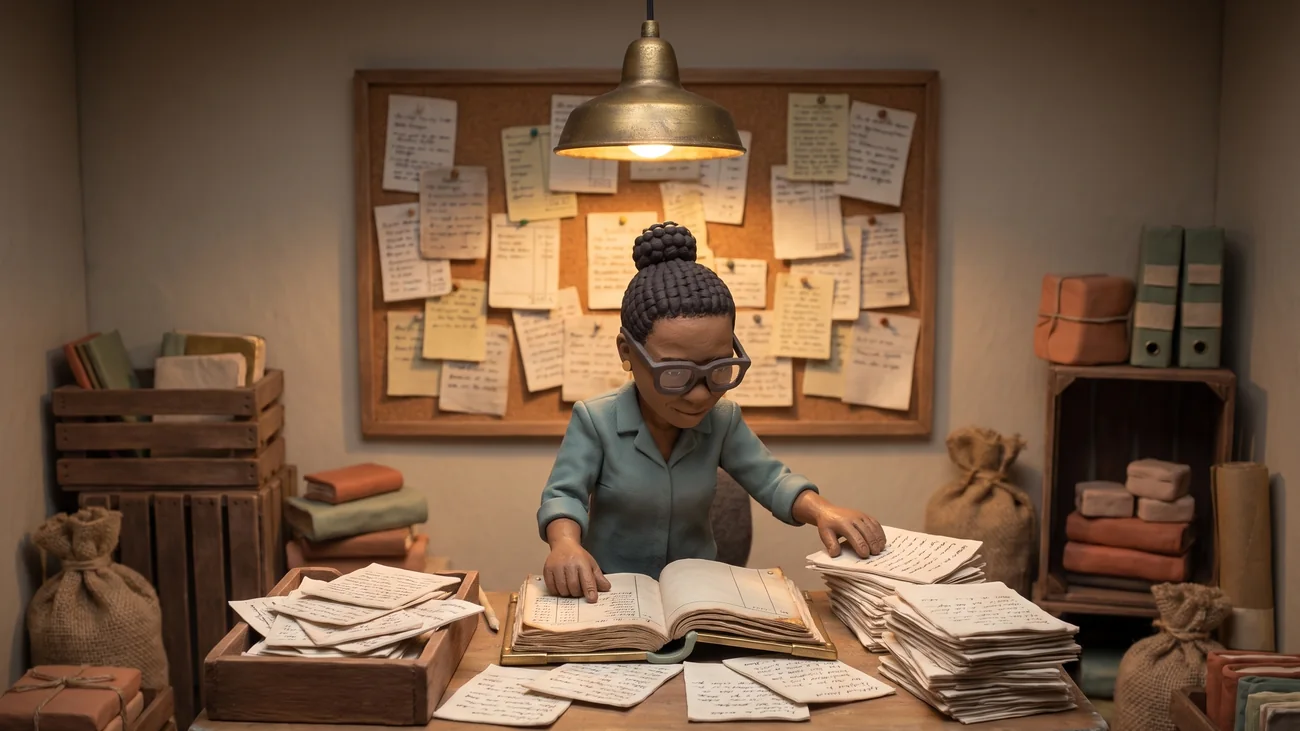 A clay shopkeeper leaning over a desk buried in loose handwritten paper, copying one page into another by hand