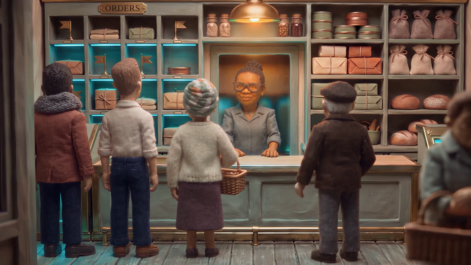 Clay customers at a shop counter being served, the order shelves lit behind