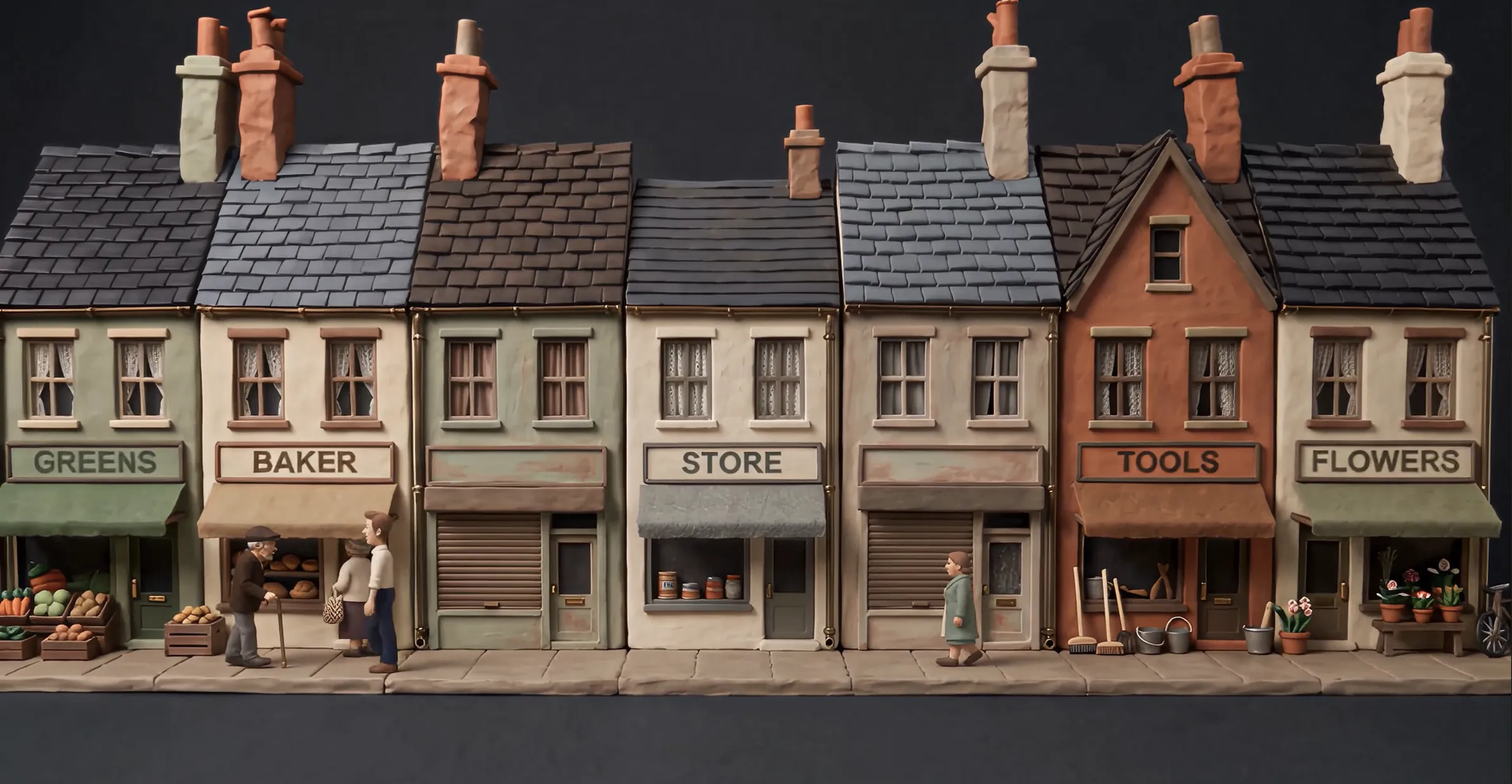 A clay shopping street. Nomsa's shop sits between a greengrocer and a hardware shop, and gains a lit glass machine room on its roof that no other building on the street has.