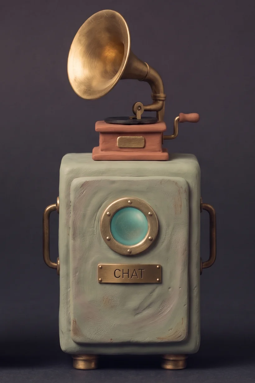 A clay machine with a brass gramophone horn on top, its porthole glowing teal
