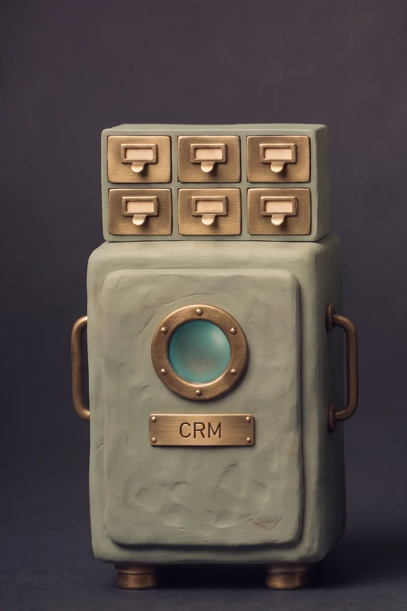 A clay machine with a bank of six small brass card drawers on top, its porthole glowing teal