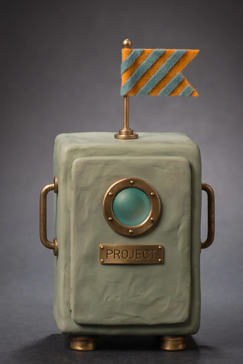 A clay machine with a small striped signal flag on a brass mast, its porthole glowing teal