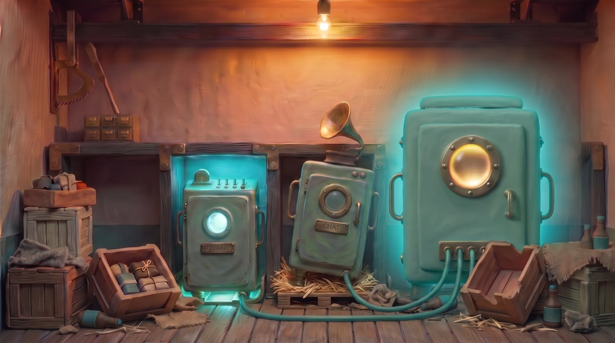 Three clay machines in a workshop. One stands connected and lit teal, one is tilted on a pallet with its light off, and a larger one glows amber with cables running from it.