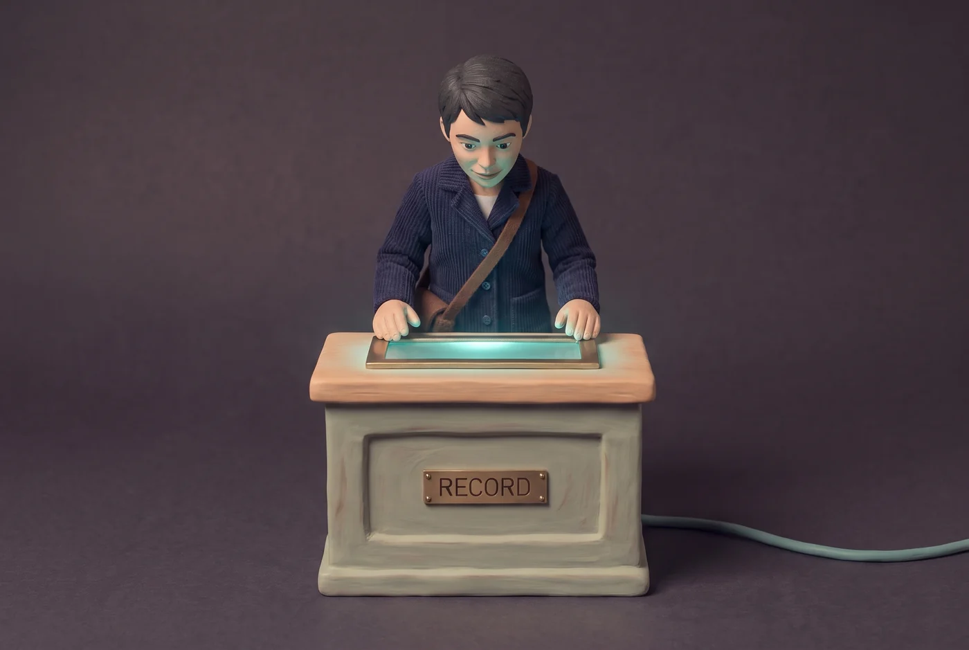 A clay customer standing at a records box, both hands on its lid, looking down into a screen that lights his face teal