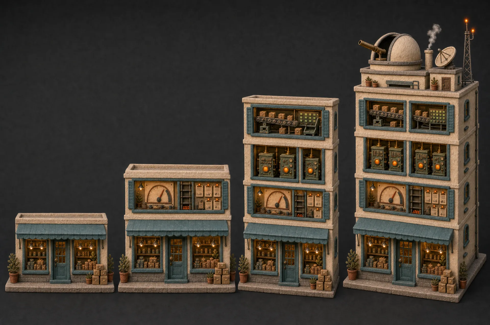 The same handmade clay building at four stages of growth, from a single-storey shop to a full tower with a rooftop observatory
